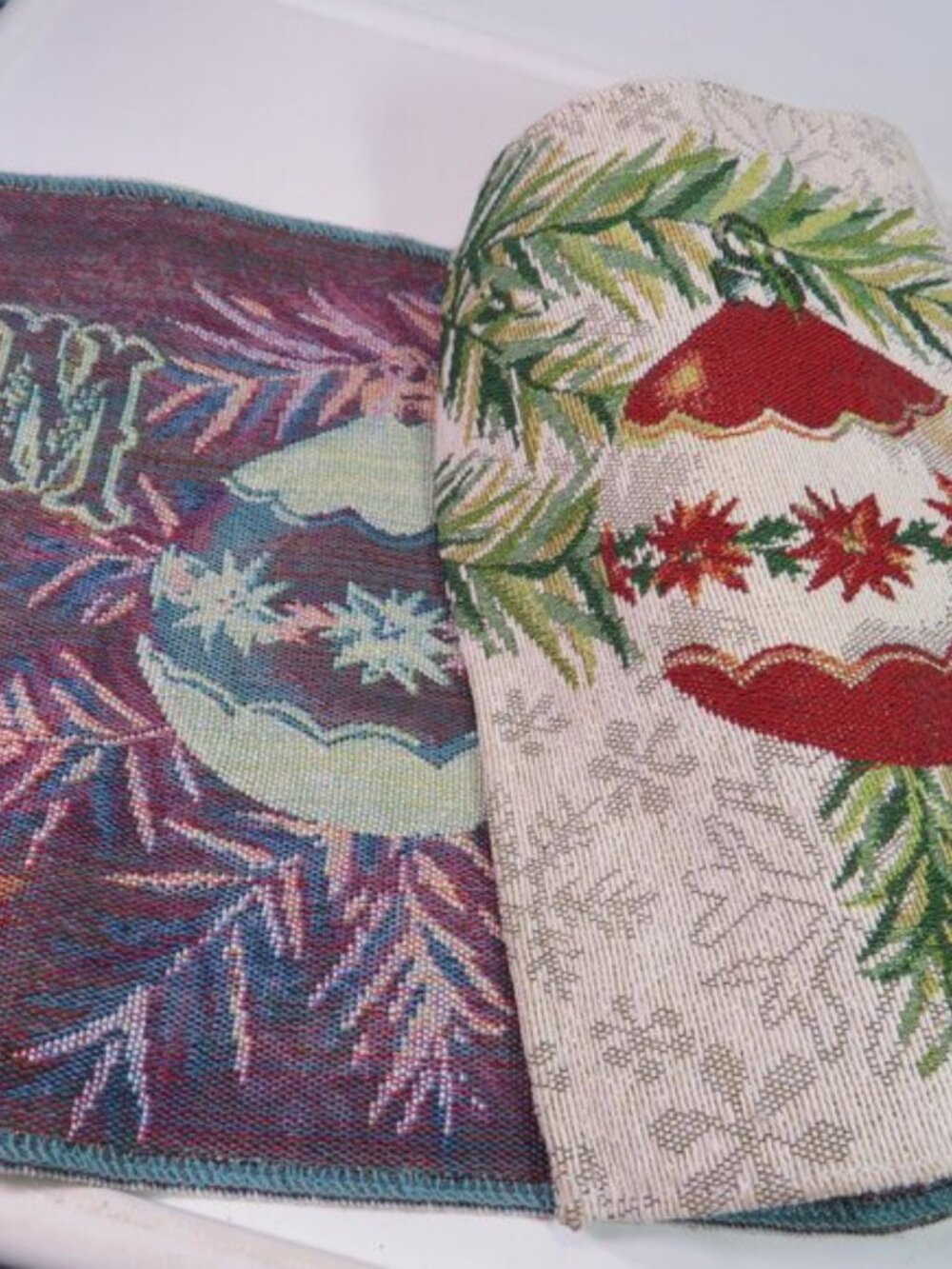 Merry Christmas Tapestry Table Runner - Red Poinsettia Ornaments Shimmer 67x13 - Picture 6 of 7